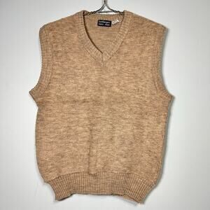 Vintage 80s Bambergers Mens Size Medium Tan V Neck Sweater Vest Acrylic Preppy